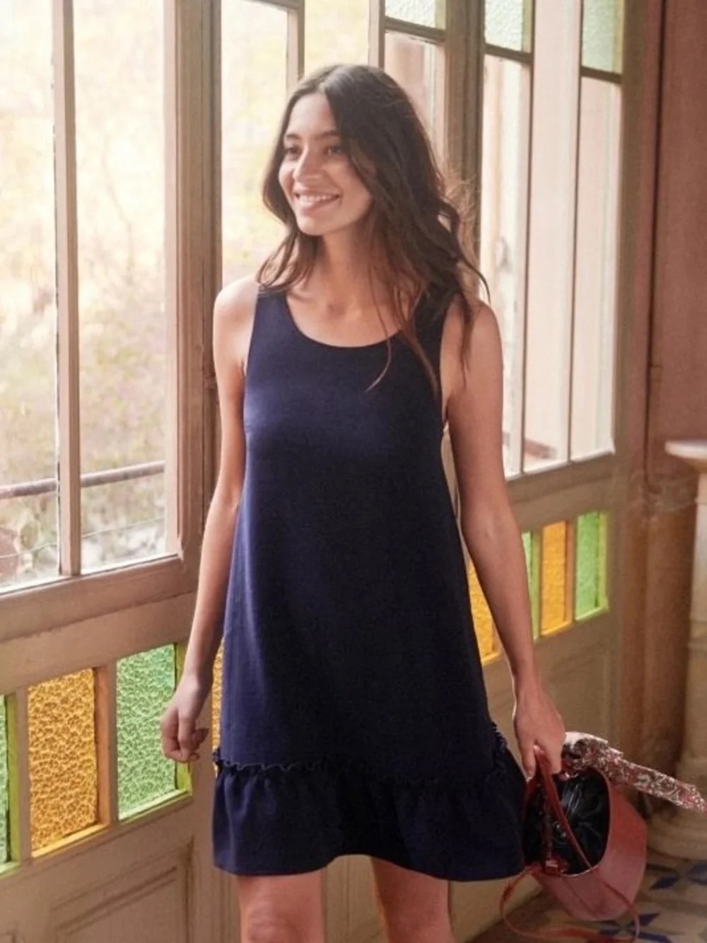 Sézane Mathilde Navy Blue Open Back Bow Ruffle Mini Dress Size 40 / US 8